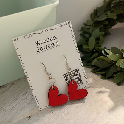 Red Heart Dangle Earrings – Hand Painted Wood Earrings – Valentine Gift Idea – Cute Lightweight Jewelry for Her