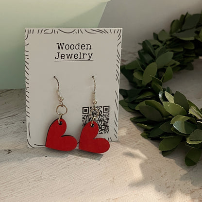 Red Heart Dangle Earrings – Hand Painted Wood Earrings – Valentine Gift Idea – Cute Lightweight Jewelry for Her