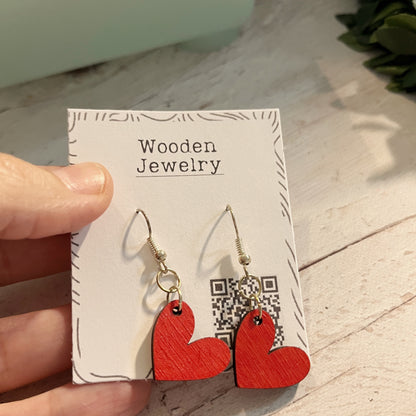Red Heart Dangle Earrings – Hand Painted Wood Earrings – Valentine Gift Idea – Cute Lightweight Jewelry for Her