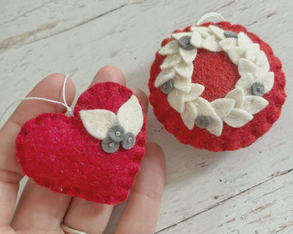 Red and white felt ornament SET OF 3, Christmas decoration