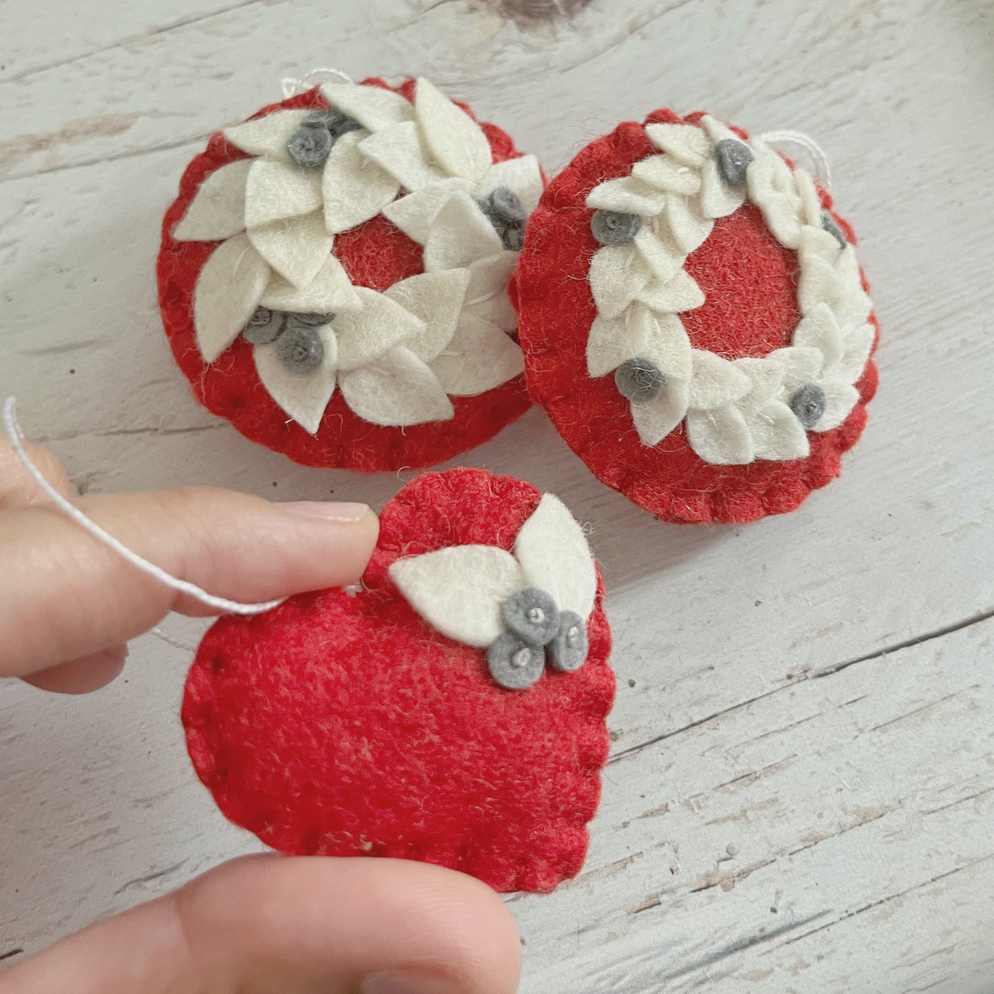 Red and white felt ornament SET OF 3, Christmas decoration