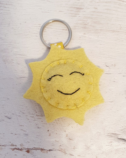 Smiling sun keychain, weather decor, nature inspired felt key holder