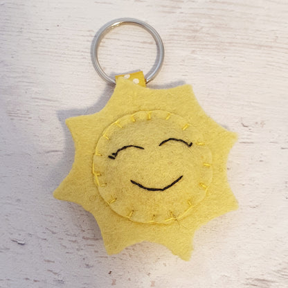 Smiling sun keychain, weather decor, nature inspired felt key holder