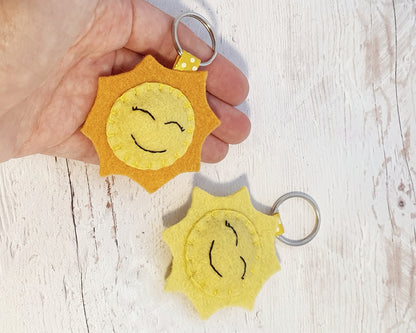 Smiling sun keychain, weather decor, nature inspired felt key holder