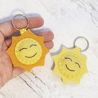 Smiling sun keychain, weather decor, nature inspired felt key holder