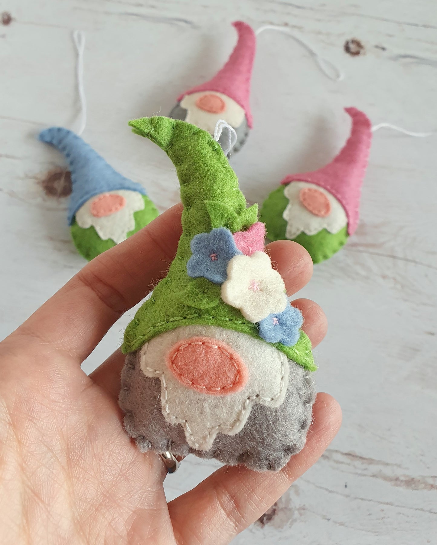 Spring gnomes - Felt elf ornaments with small flowers on their hat