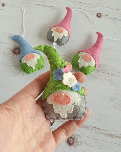 Spring gnomes - Felt elf ornaments with small flowers on their hat