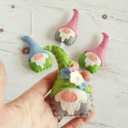 Spring gnomes - Felt elf ornaments with small flowers on their hat