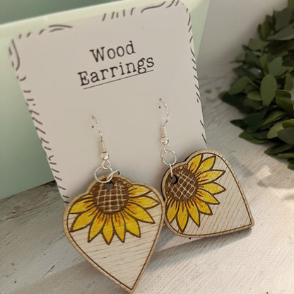Sunflower Dangle Earrings – White Rustic Wooden Earrings – Hand Painted Birch Jewelry – Floral Summer Earrings for Her