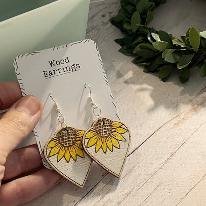 Sunflower Dangle Earrings – White Rustic Wooden Earrings – Hand Painted Birch Jewelry – Floral Summer Earrings for Her