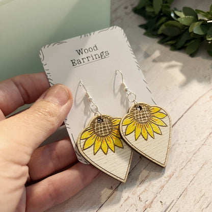 Sunflower Dangle Earrings – White Rustic Wooden Earrings – Hand Painted Birch Jewelry – Floral Summer Earrings for Her