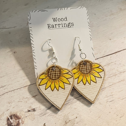Sunflower Dangle Earrings – White Rustic Wooden Earrings – Hand Painted Birch Jewelry – Floral Summer Earrings for Her