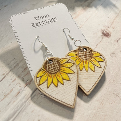 Sunflower Dangle Earrings – White Rustic Wooden Earrings – Hand Painted Birch Jewelry – Floral Summer Earrings for Her