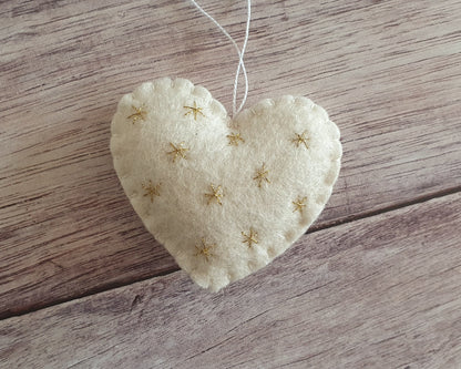 Heart ornament with embroidered gold stars - felt decoration for Valentine's day Christmas Baby's shower decor Nursery idea - gift for her