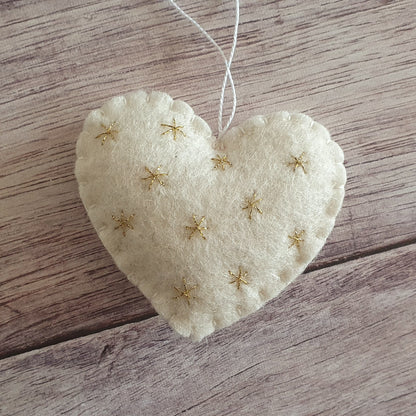 Heart ornament with embroidered gold stars - felt decoration for Valentine's day Christmas Baby's shower decor Nursery idea - gift for her