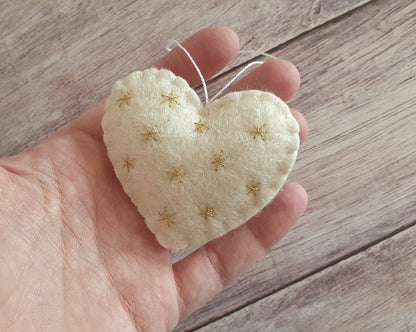 Heart ornament with embroidered gold stars - felt decoration for Valentine's day Christmas Baby's shower decor Nursery idea - gift for her