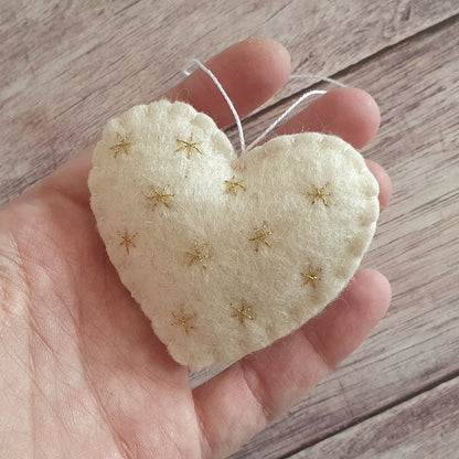 Heart ornament with embroidered gold stars - felt decoration for Valentine's day Christmas Baby's shower decor Nursery idea - gift for her