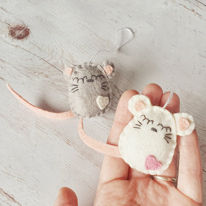 Felt mouse ornament, white mouse decor, mice decoration