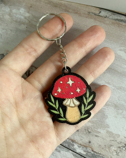 Handmade Colorful Wooden Keychain – Laser-Cut & Hand-Painted Magical Mushroom – Limited Edition – Unique and Durable Plywood Keychain