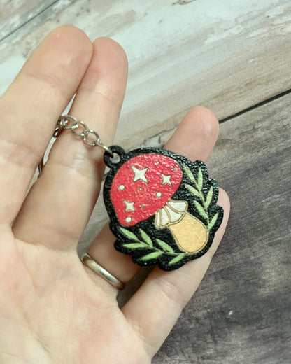 Handmade Colorful Wooden Keychain – Laser-Cut & Hand-Painted Magical Mushroom – Limited Edition – Unique and Durable Plywood Keychain