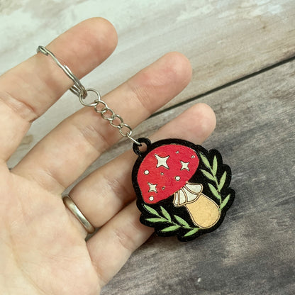 Handmade Colorful Wooden Keychain – Laser-Cut & Hand-Painted Magical Mushroom – Limited Edition – Unique and Durable Plywood Keychain