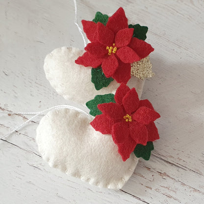 Red Poinsettia hearts - Christmas flowers ornament - felt home decoration - gift for her nursery decor nature inspired with flower