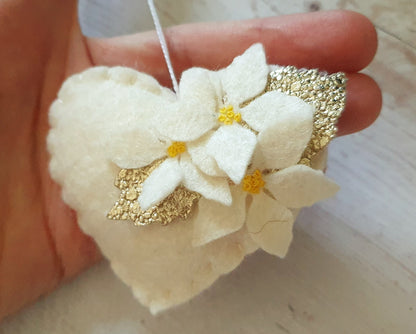 Red Poinsettia hearts - Christmas flowers ornament - felt home decoration - gift for her nursery decor nature inspired with flower