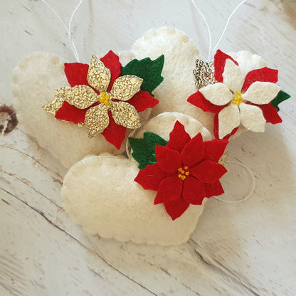 Red Poinsettia hearts - Christmas flowers ornament - felt home decoration - gift for her nursery decor nature inspired with flower
