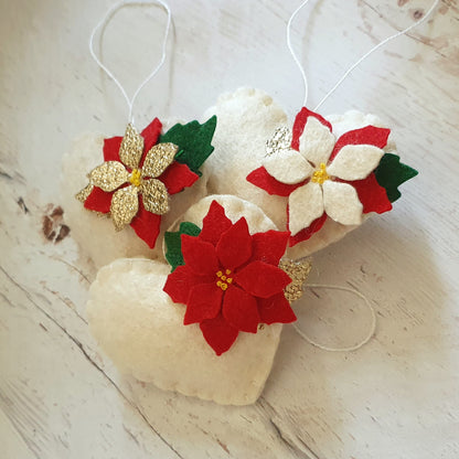 Red Poinsettia hearts - Christmas flowers ornament - felt home decoration - gift for her nursery decor nature inspired with flower