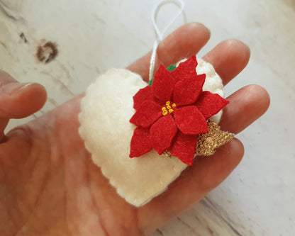 Red Poinsettia hearts - Christmas flowers ornament - felt home decoration - gift for her nursery decor nature inspired with flower