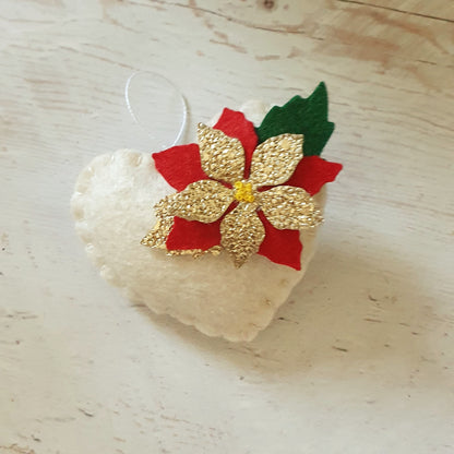 Red Poinsettia hearts - Christmas flowers ornament - felt home decoration - gift for her nursery decor nature inspired with flower