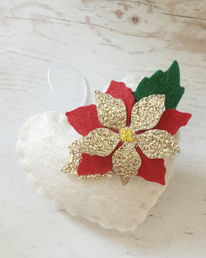 Red Poinsettia hearts - Christmas flowers ornament - felt home decoration - gift for her nursery decor nature inspired with flower